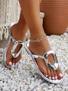 女士圆头平底拖鞋，休闲沙滩人字拖，套脚凉鞋，夏季纯色平底鞋，优雅拖鞋