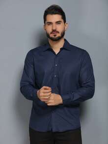 Men's Slim Fit Long-Sleeved Dress Shirt - Navy Blue - View 1