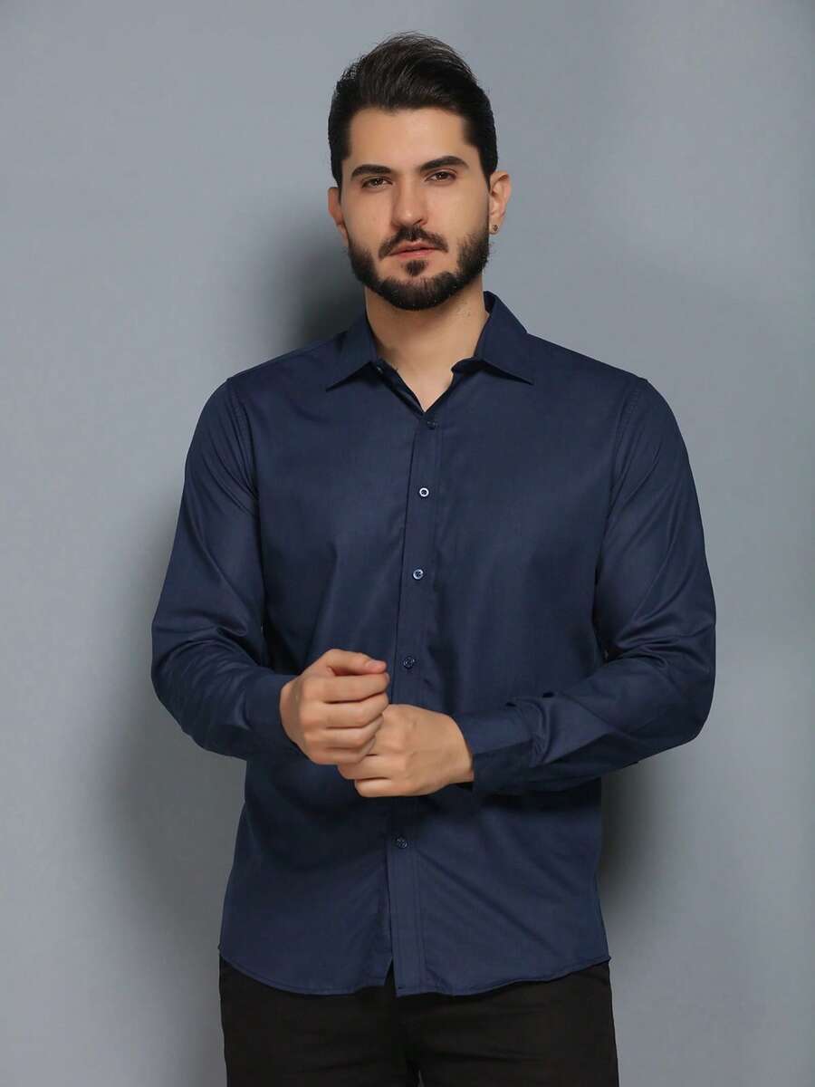 Men's Slim Fit Long-Sleeved Dress Shirt - Navy Blue - View 1