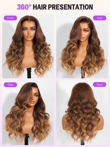 MEGALOOK 13x6 Super Gold Ombre Brown Wavy Root 100% Human Hair Lace Front Wig, 3-Layer Transparent Lace, 180% Density, No Glue Needed, Natural Daily Office Halloween Party Y2K Style Vacation Outdoor Cosplay School Festival Wedding Preparation For Women - Multicolor - View 4