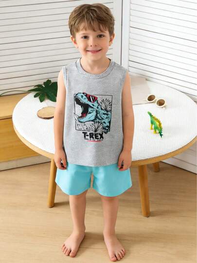 Set de 2 piezas con diseño de dinosaurio de dibujos animados, muy adecuado para que los niños pequeños usen en primavera y verano. Hecho de tela de punto suave, elástica y cómoda, casual y de moda, lleno de ambiente festivo, adecuado para actividades al aire libre, escuela, ciclismo, correr, vacaciones, reuniones y uso casual diario.