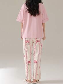 女士两件套睡衣，透气圆领短袖长裤，夏季睡衣 - 粉色 - 查看 4
