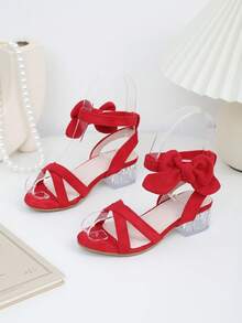 1 Pair Latest Summer Red Bow High Heel Sandals, Suitable For Children. This Multifunctional Style Is An Excellent Choice For Daily Outings, Summer Vacations, And Shopping Malls. They Can Be Easily Paired With Various Outfits, Giving A Casual, Fashionable And Comfortable Feel. Girls Sandals, Children Shoes - Red - View 3