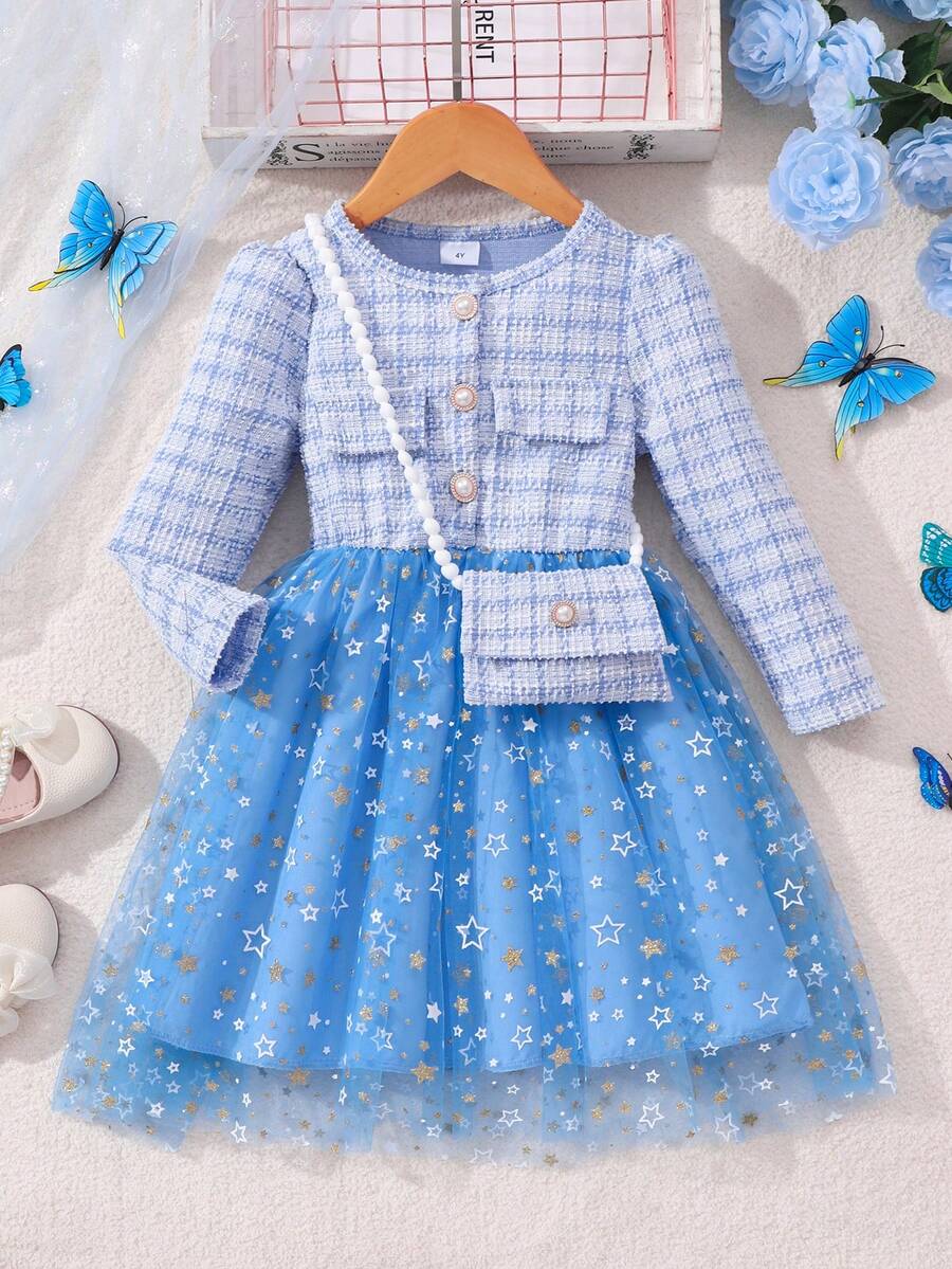 女童长袖格子撞色网纱优雅连衣裙，配包包 - 藍色 - 查看 1