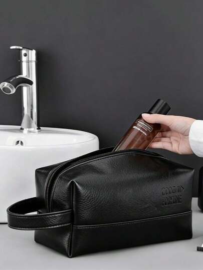 Men's Waterproof Travel Toiletry Bag, Portable Cosmetic Organizer Bag With Zipper, Vintage Stitching PU Leather Toiletry Bag, Large Capacity Travel Business Men's Toiletry Bag, Men's Gift, Christmas Gift, Storage Bag