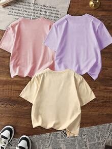 3件套女童休闲印花圆领短袖T恤，夏季学生童装 - 可爱动物和珍珠奶茶印花T恤，为每个孩子带来欢乐和幸福！ - 紫色 - 查看 4