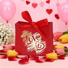 12个优雅红色礼品袋，采用加厚奢华材质制成，手提购物袋设计，饰有醒目的心形图案和结实的丝带蝴蝶结手柄。 - 彩色 - 查看 10