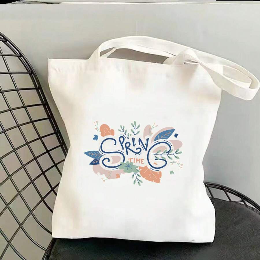 1pc Spring Leaves Double-Sided Print Sweet Tote Bag, Fabric Minimalist Style, Fixed Shoulder Strap, No-Closure, Unlined, Elegant Students Shopping And Daily Outings - 白色 - 查看 1