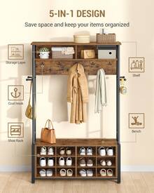 HaluPeit Coat Rack With Shoe Storage, Hall Tree With Bench For Hallway, 14 Open Compartments, Coat Stand With Adjustable Shelves, 13 Hooks, Top Storage For Living Room, Entrence, Rustic Brown/White Oak - Retro marrón y negro - Ver 3