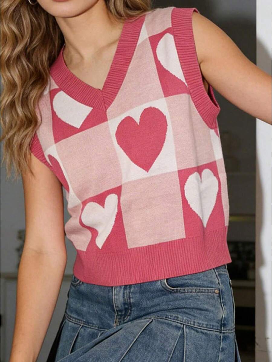 Womens Heart Checkered Vest Sweater Stylish V Neck Sleeveless Crop Knit Tops For Daily Office Party - 粉色 - 查看 1