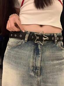1pc 2026 Spring New Arrival, European & American Punk Style Perforated Star Decor Leather Belt, Rivet Accent, Versatile Buckle Closure - Multicolor - View 3