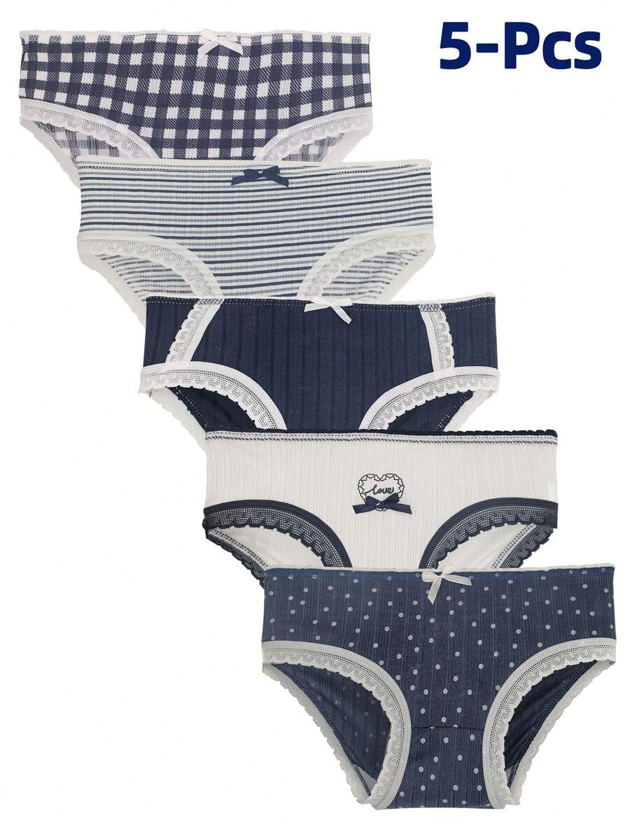 Teen Girl 5pcs Striped & Polka Dot Print Brief