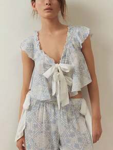 Women 2 Piece Pajamas Set Floral Print Tie Front Fly Sleeves Shirt And Elastic Pants For Loungewear Soft Sleepwear - Màu xanh nhạt - Xem 2