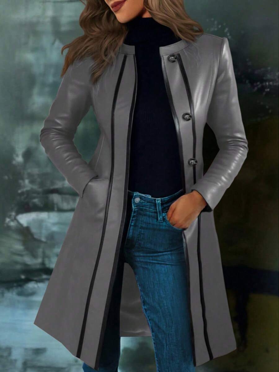 Chaqueta de cuero con cuello de contraste de estilo retro para mujer, primavera/otoño - Gris - Ver 1