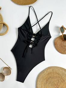 Women's Elegant Backless Criss-Cross Hollow Out Textured Solid Color One-Piece Swimsuit, Suitable For Beach, Resort, Vacation, Spring/Summer/Autumn Black - Black - View 6