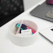 1pc Cotton Rope Storage Box, Woven Desktop Covered Jute Organizer Basket, Round Multi-Purpose Catchall For Toys, Cosmetics, Household Items, Gift, Blue - White - View 5