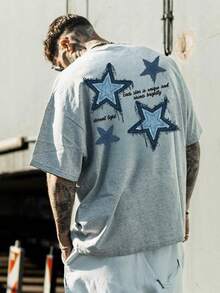 Men's Fashionable Loose Star & English Print Breathable Cotton Crew Neck Short Sleeve T-Shirt, Summer - Grey - View 1