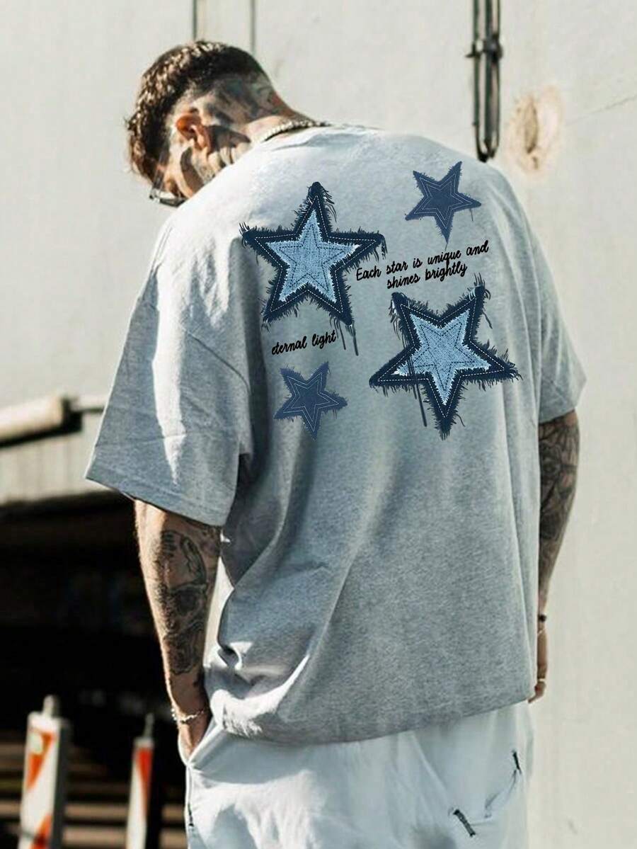 Men's Fashionable Loose Star & English Print Breathable Cotton Crew Neck Short Sleeve T-Shirt, Summer - Grey - View 1