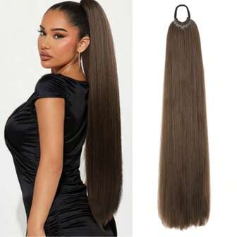 26/34 Zoll synthetische Haarverlängerungen Pferdeschwanz Haarverlängerungen mit Gummiband, natürliches langes gerades Haar schwarz braun, DIY Haarverlängerungen gerade Zöpfe, geeignet für den täglichen Gebrauch und Feiertagspartys