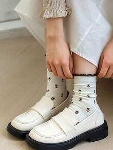 1/3/5 Pairs Women's Mid-Calf Socks With Tulip Lace Pattern, Soft Breathable Comfortable Socks, Versatile Daily Wear, Cute & Fashionable College Style - Multicolor - View 5