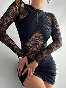 Women's Knit Contrast Lace Ruffle Criss-Cross Sheer Sexy Dress, Suitable For Evening Dates And Parties, 2026 New Sexy Dress For Women, Valentine's Day Dress - Black - View 4