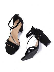 2026 Summer New Fashion Versatile Elegant Rhinestone Embellished Chunky Heel Strap Sandals, Suitable For Office And Commute - Black - View 8