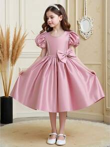 Đầm dạ hội thanh lịch dành cho bé gái, tay phồng, thắt nơ sau lưng, viền ren và chất liệu satin đính hạt, thích hợp cho các buổi lễ kỷ niệm, sinh nhật, tiệc tùng (không bao gồm băng đô). - Bụi hồng - Xem 6