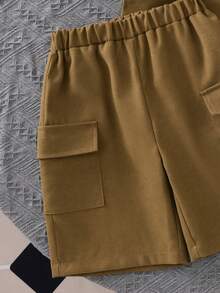 Bộ 3 món đồ mặc thường ngày cho bé trai lớn - Áo khoác kaki có mũ, áo phông trơn, quần short kaki. - Màu Khaki - Xem 8