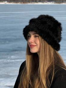 1顶新款仿毛皮压花高端渔夫帽/针织帽，女士冬季时尚保暖修脸帽，可爱秋冬保暖毛绒混色针织舞狮帽 - A - 查看 13