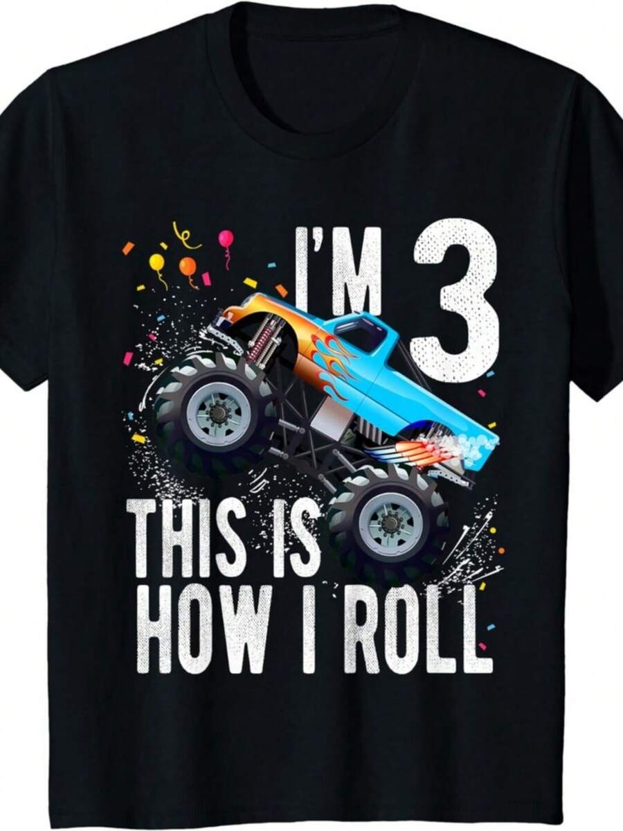Kids 3 Year Old Shirt 3rd Birthday Boy Monster Truck Car Unisex T-Shirt - Negro - Ver 1