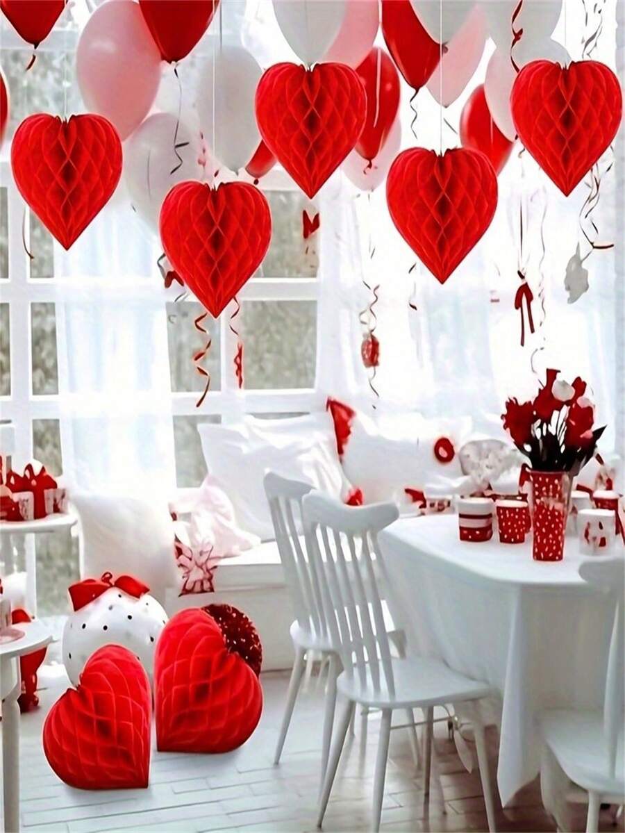 1/5个心形蜂窝球装饰 - 红色纸质派对装饰，适用于圣诞节、情人节、婚礼、生日和各种节日 - 无需用电，可用丝带轻松悬挂，可用作节日活动背景、节日装饰和节日设计 - 紅色 - 查看 1