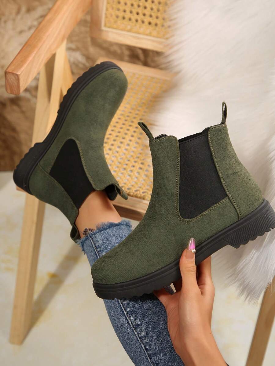 Giày bốt Chelsea cổ thấp nữ thời trang, thoải mái, đa năng, màu trơn, mũi tròn, co giãn, kiểu dáng slip-on, thích hợp cho mùa Thu/Đông.