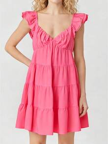 Women Tiered Mini Dress Solid V Neck Flutter Sleeve Backless A-Line Short Dress For Daily Party Club - Pink - View 1
