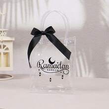 5Pcs Ramadan Kareem Transparent Gift Bag PVC Handbag With Ribbon Bow Moon Lantern Print Muslim Festival Gift Packaging Bag For Eid Mubarak - Transparent Gift Bag - View 8