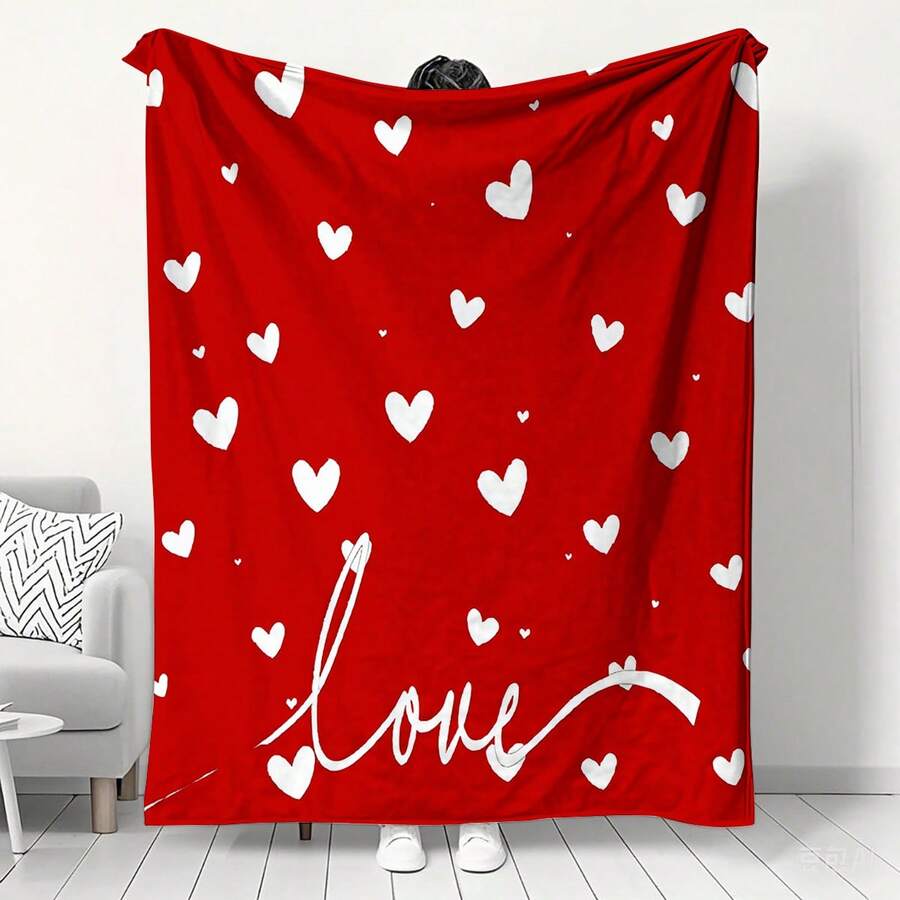 超柔软法兰绒保暖毯，红色爱心“爱”字设计，情侣专属，适用于沙发和卧室，2026新年/情人节礼物 - 彩色 - 查看 1