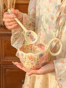 1 tasse en céramique de 450 ml avec anse florale, grande capacité, tasse petit-déjeuner, convient pour les desserts, le lait, la bouillie d'avoine, usage domestique polyvalent - Multicolore - Voir 10