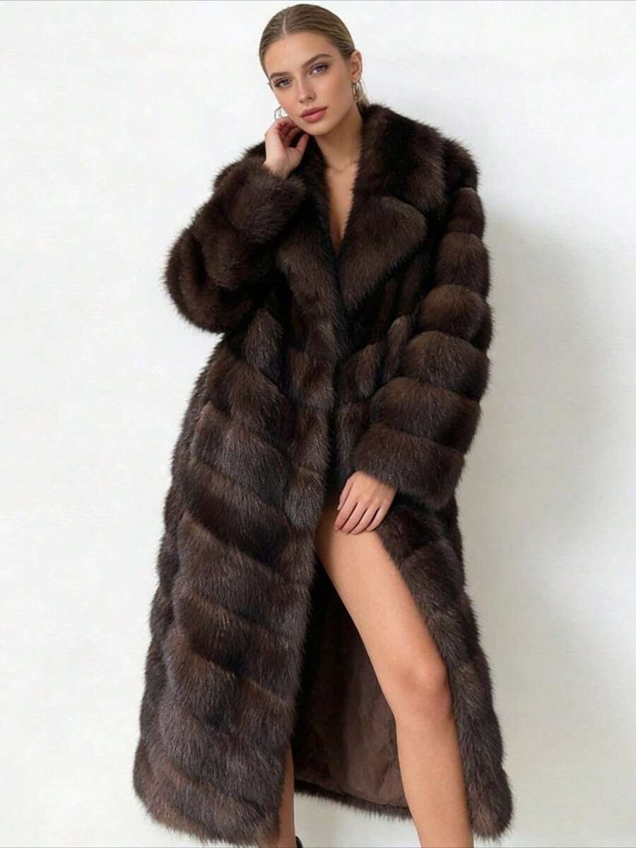 Women's Elegant Artificial Fur Coat, Vintage Collar Fluffy Plush Long Coat, Winter Fashion - màu nâu - Xem 1