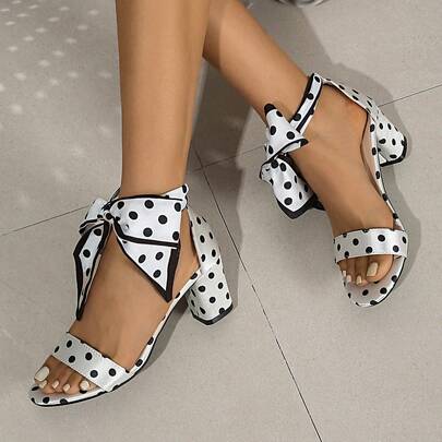 Chunky Heel Fashion Sandals, Polka Dot High Heels, French Ribbon Bowknot Roman Shoes