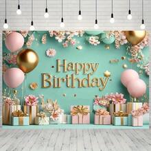 1 tấm phông nền tiệc sinh nhật trang nhã - Thiết kế hoa văn màu xanh bạc hà và vàng với bóng bay, hộp quà và dòng chữ "Chúc mừng sinh nhật" - Hoàn hảo cho chụp ảnh, phát trực tiếp và trang trí tiệc - Chất liệu thủ công, sử dụng được quanh năm, phông nền tiệc | Trang trí tiệc trang nhã | Chất liệu polyester, trang trí tiệc sinh nhật - Nhiều màu - Xem 2