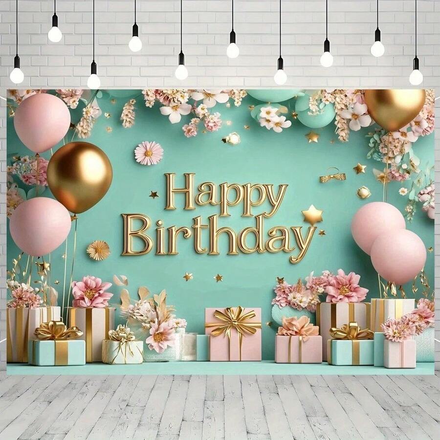 1 tấm phông nền tiệc sinh nhật trang nhã - Thiết kế hoa văn màu xanh bạc hà và vàng với bóng bay, hộp quà và dòng chữ "Chúc mừng sinh nhật" - Hoàn hảo cho chụp ảnh, phát trực tiếp và trang trí tiệc - Chất liệu thủ công, sử dụng được quanh năm, phông nền tiệc | Trang trí tiệc trang nhã | Chất liệu polyester, trang trí tiệc sinh nhật