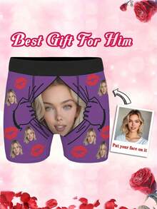 Personalized Photo Boxer Briefs For Men - Custom Face/Name/Photo Underwear Suitable For Valentine's Gifts, Anniversary, Or Daily Wear - Unique Matching Boxer Shorts With Your Own Picture Or Lip Print (Comfortable Stretch Fit) - 紫色 - 查看 7