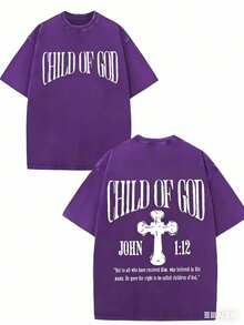 GLEC Child Of God, God Blesses You Classic Retro Fashion Street Cross Jesus Popular Letter Pattern 230g Washed Cotton T-Shirt Men's Summer HighQuality - 紫色 - 查看 3