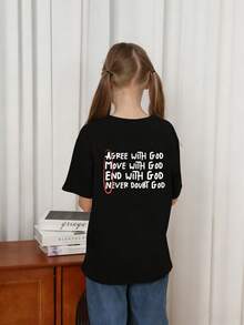 Tween Girl Casual Funny Print Crew Neck Short Sleeve T-Shirt Summer Tops - Black - View 2