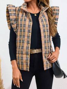 Women's Plaid Quilted Puffer Vests Ruffle Cap Sleeve Sleeveless Lightweight Vest Fall Winter Winter Warm Puffy Jacket Padded Gilets Coats - Màu Khaki - Xem 4