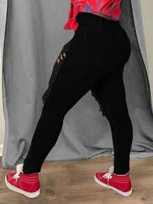 Sexy Skinny Ripped Jeans, Fashionable American Street Hot , Slim Hips, Comfortable And Elastic, Street Style Feet Pants, Trousers. - 黑色 - 查看 4