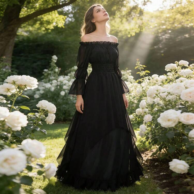 Medieval Renaissance Waist Tie Dress, Costume Role Play, European Style, Summer - Multicolor - View 2