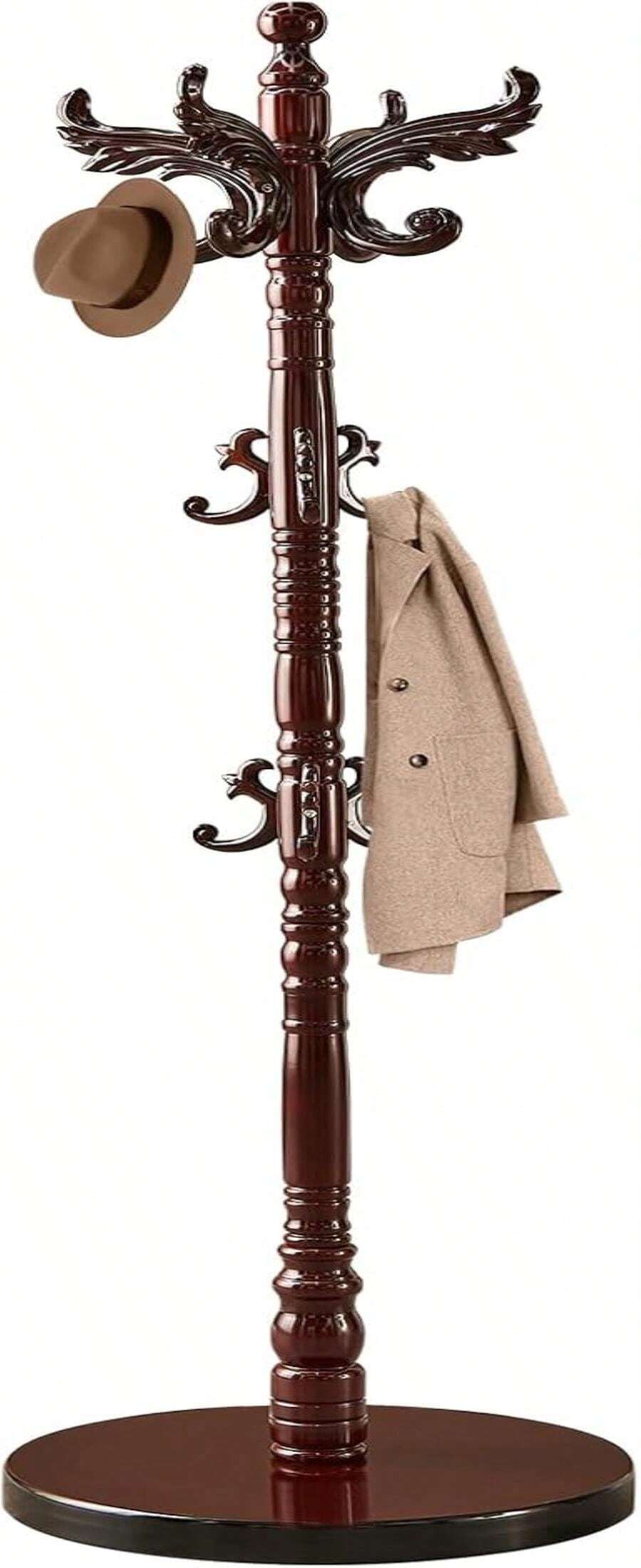Snaikor Wooden Coat Rack Stand, Vintage Natural Birch Wood Coat Racks Freestanding, Solid Wood Coat Tree Stand With 14 Hooks, Classic Sturdy Coat Racks Hall Tree For Entryway, Office (Round Chassis) - Solid Wood Vintage Round Base - 查看 1
