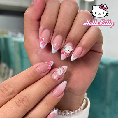 SANRIO 24 piezas Lazos 3D lindos Decoración Blanco Francés Tacón de aguja Pegatinas de uñas con lentejuelas y perlas, incluye 1 esmalte de gel y 1 lima de uñas, adecuado para uso diario y de fiesta de mujeres y niñas Uñas postizas