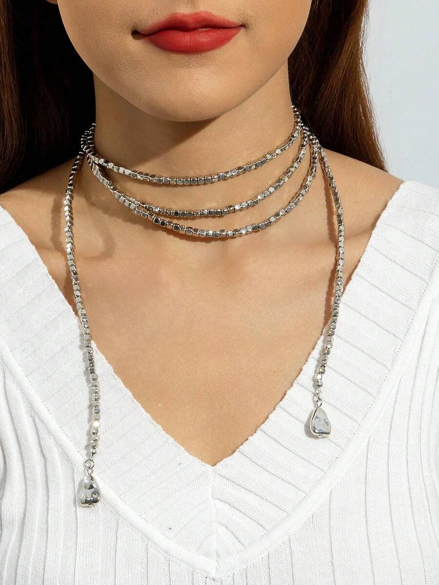 1pc Hiphop Asymmetrical Faux Pearl Beaded Chain Necklace For Women, Suitable For Everyday Wear, Party, Vacation As Jewelry Gift In Autumn/Winter - 銀色 - 查看 1