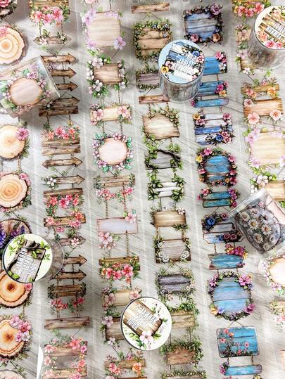 1卷创意木纹标签风景PET装饰胶带，适用于剪贴簿、DIY、手账、杂志、相册